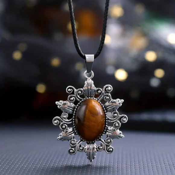 Tiger Eye Natural Stone Sunflower Pendant Hollow Pattern Gemstone Necklace - Picture 2 of 2
